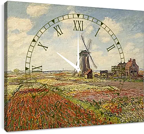 Часы картина - Fields of Tulip With The Rijnsburg Windmill. Клод Моне