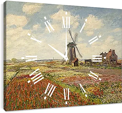 Часы картина - Fields of Tulip With The Rijnsburg Windmill. Клод Моне