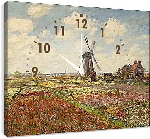 Часы картина - Fields of Tulip With The Rijnsburg Windmill. Клод Моне