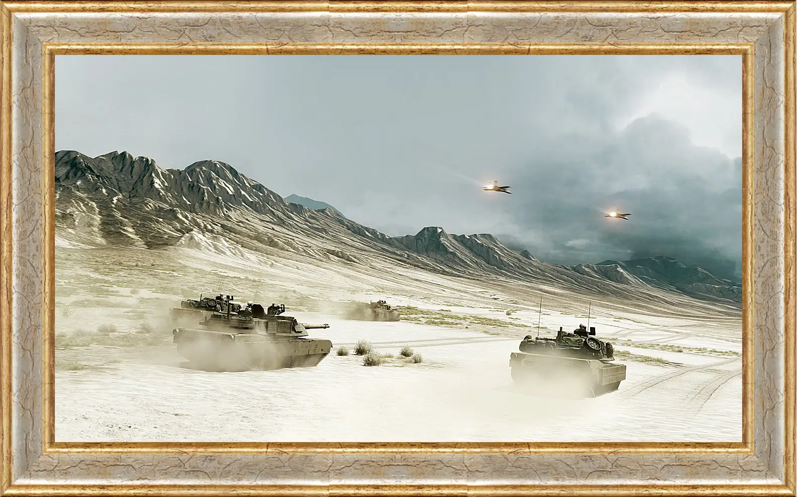 Картина в раме - battlefield, tanks, mountains