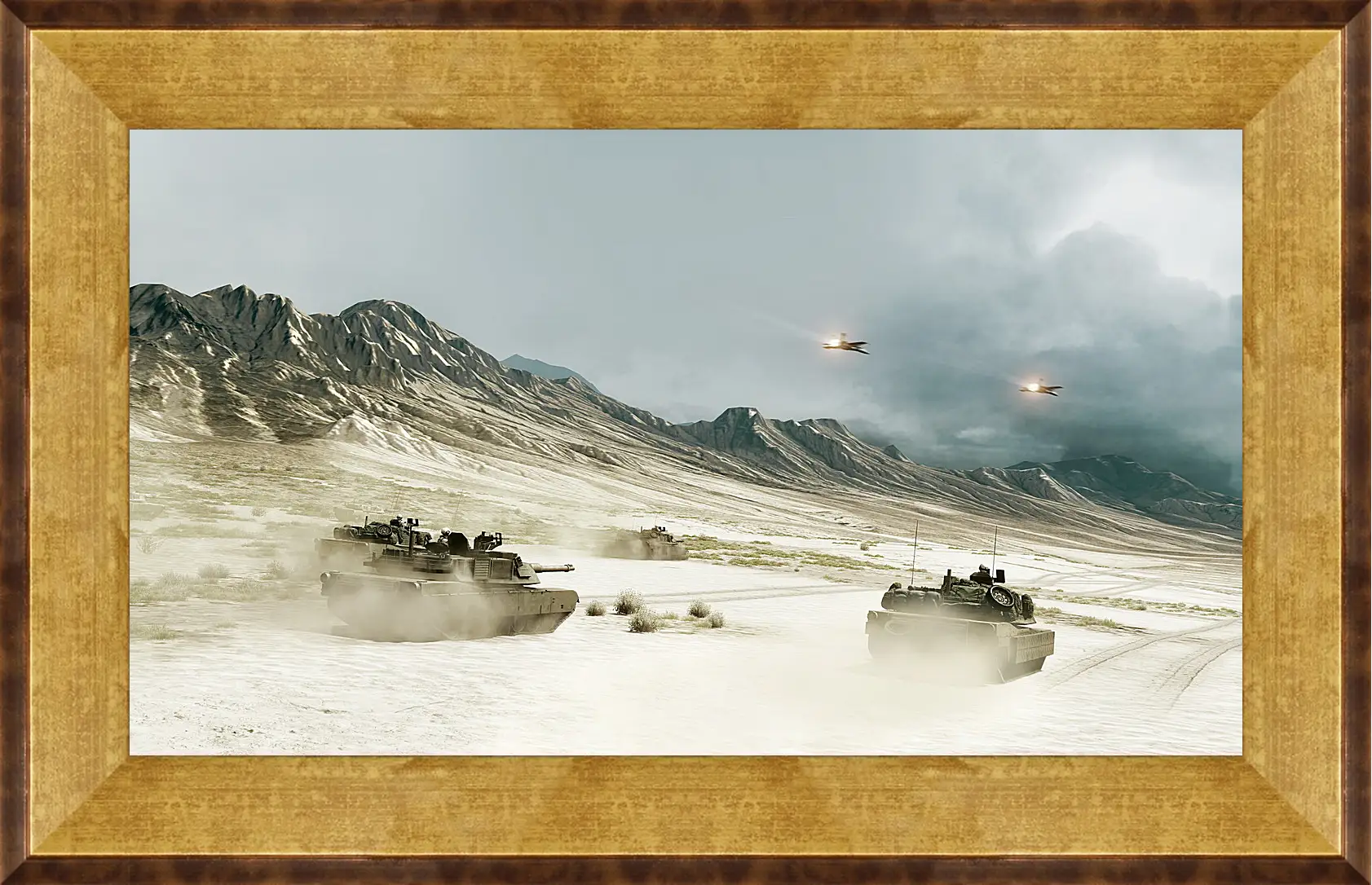 Картина в раме - battlefield, tanks, mountains