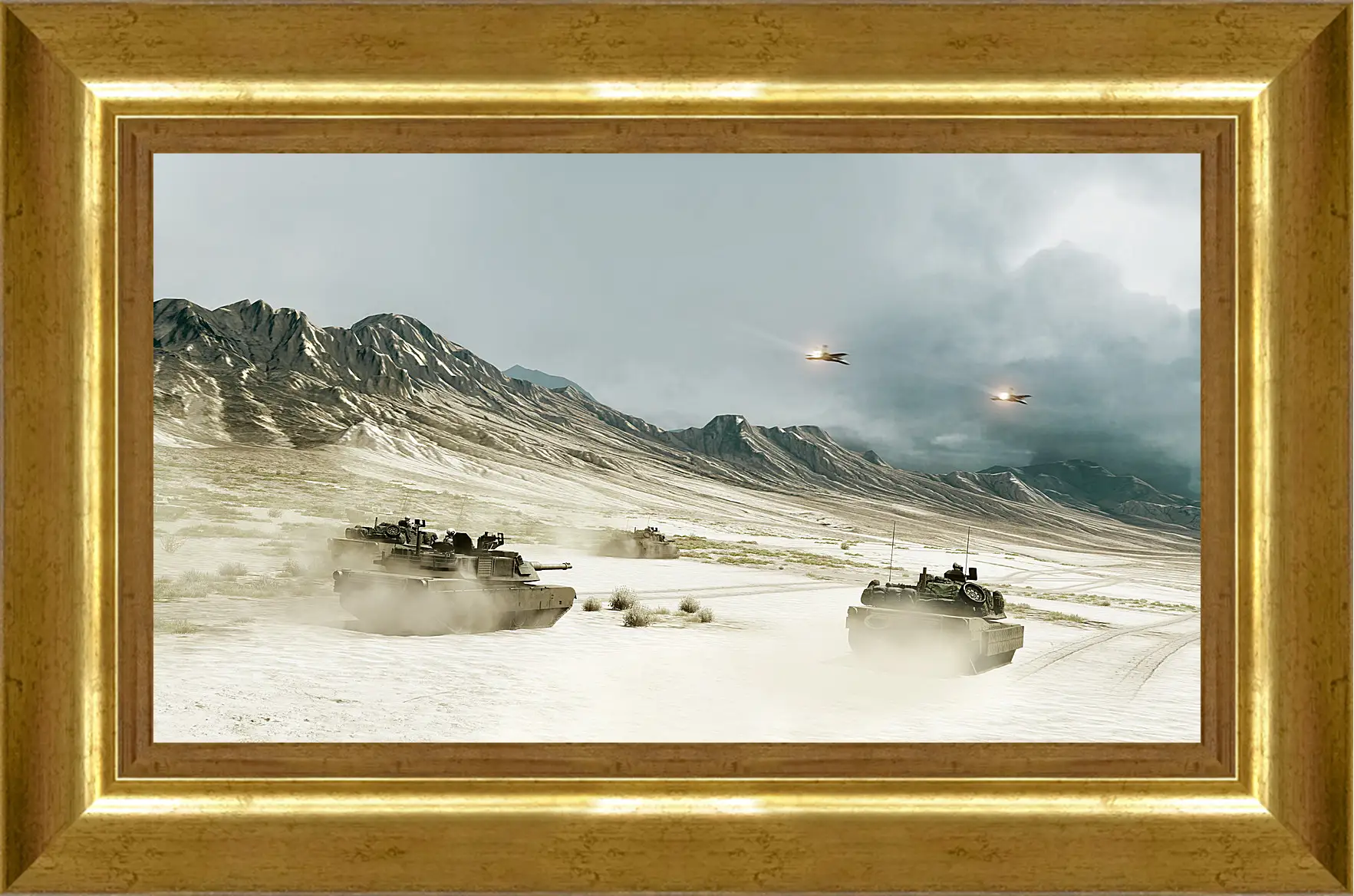 Картина в раме - battlefield, tanks, mountains