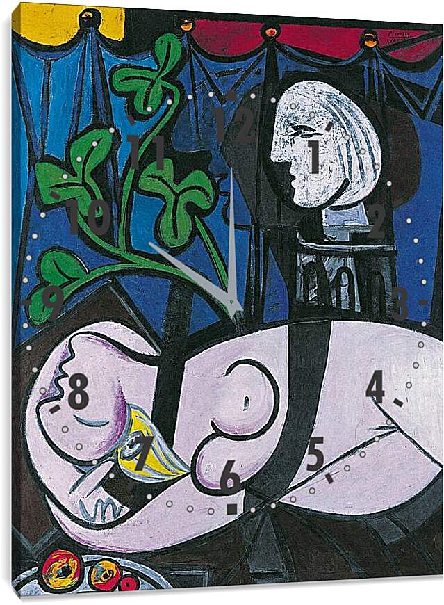Часы картина - Обнажённая, зелёные листья и бюст. Пабло Пикассо
