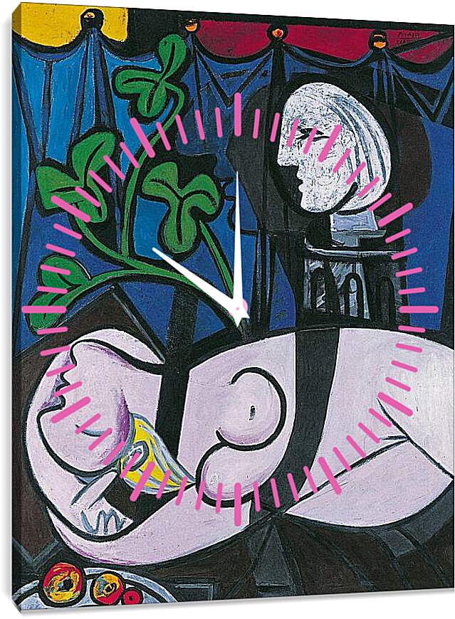 Часы картина - Обнажённая, зелёные листья и бюст. Пабло Пикассо
