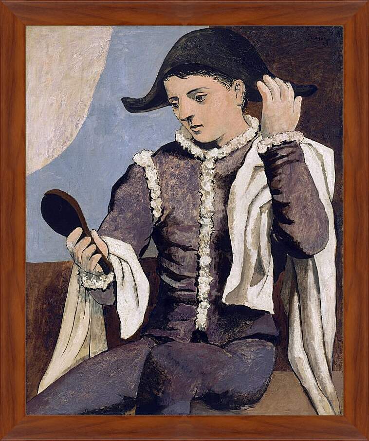 Картина в раме - Арлекин с зеркалом. Пабло Пикассо
