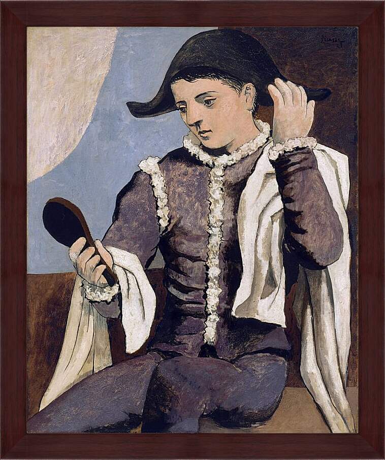 Картина в раме - Арлекин с зеркалом. Пабло Пикассо
