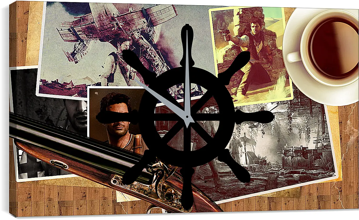 Часы картина - uncharted, pistol, cup