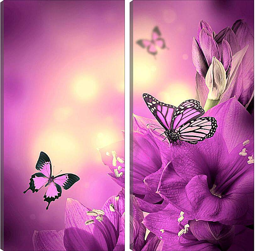 Модульная картина - Бабочки и сиреневые цветы