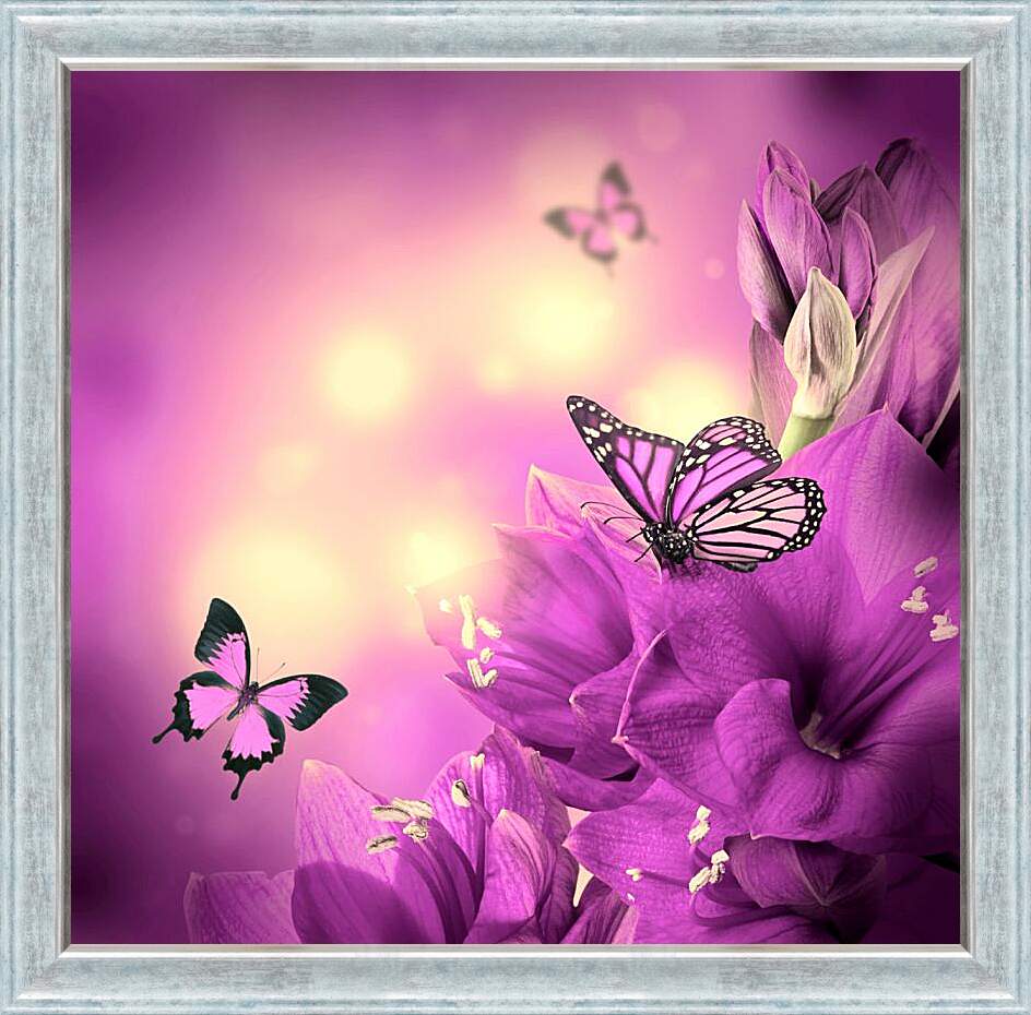 Картина в раме - Бабочки и сиреневые цветы