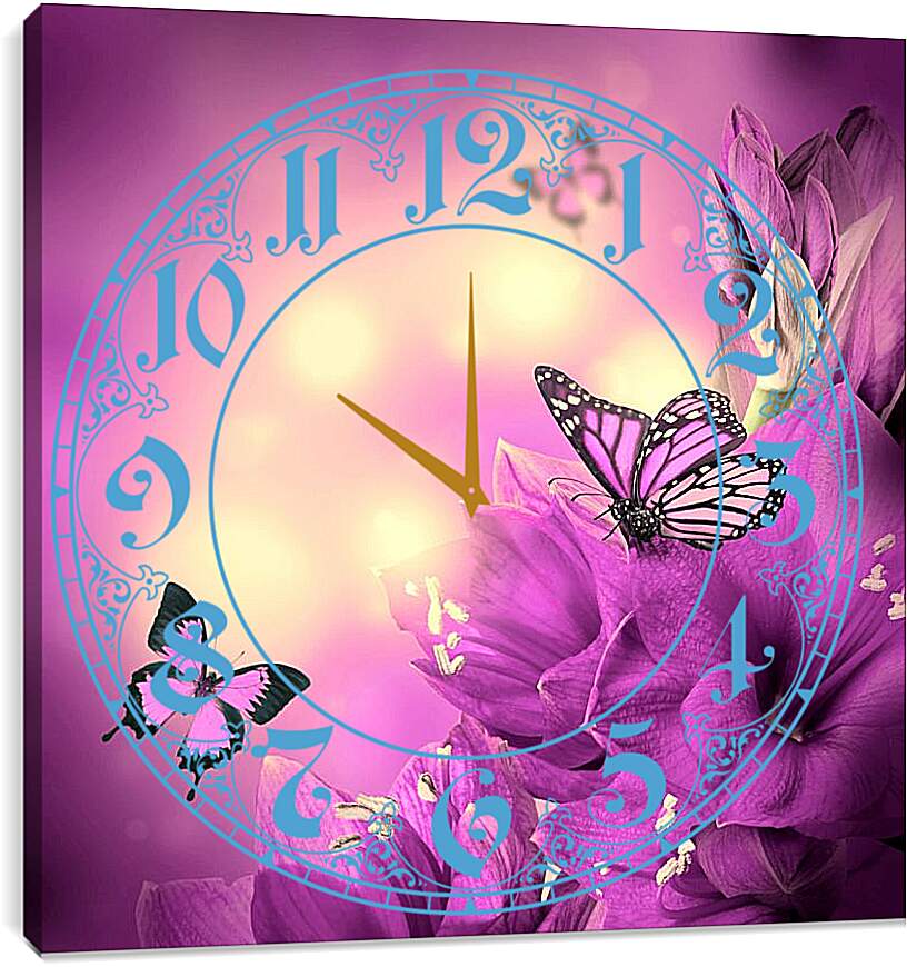 Часы картина - Бабочки и сиреневые цветы
