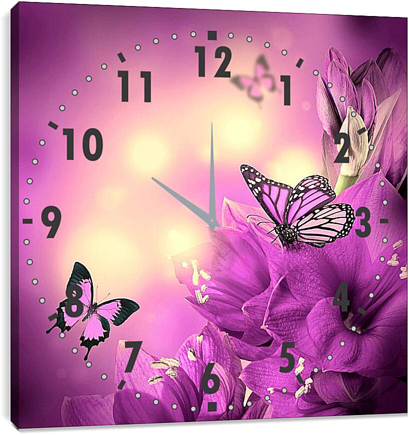 Часы картина - Бабочки и сиреневые цветы