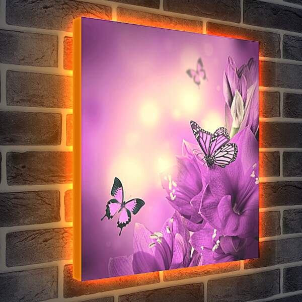 Лайтбокс световая панель - Бабочки и сиреневые цветы