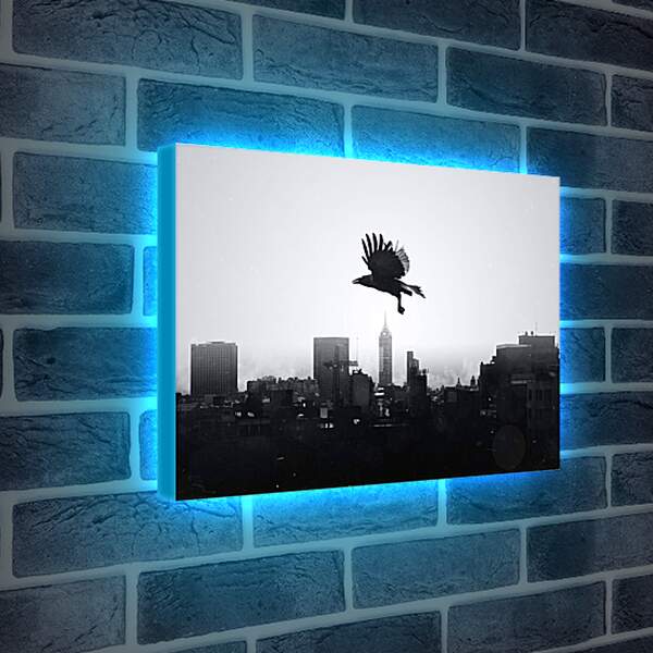Лайтбокс световая панель - Чёрный ворон в полёте над городом