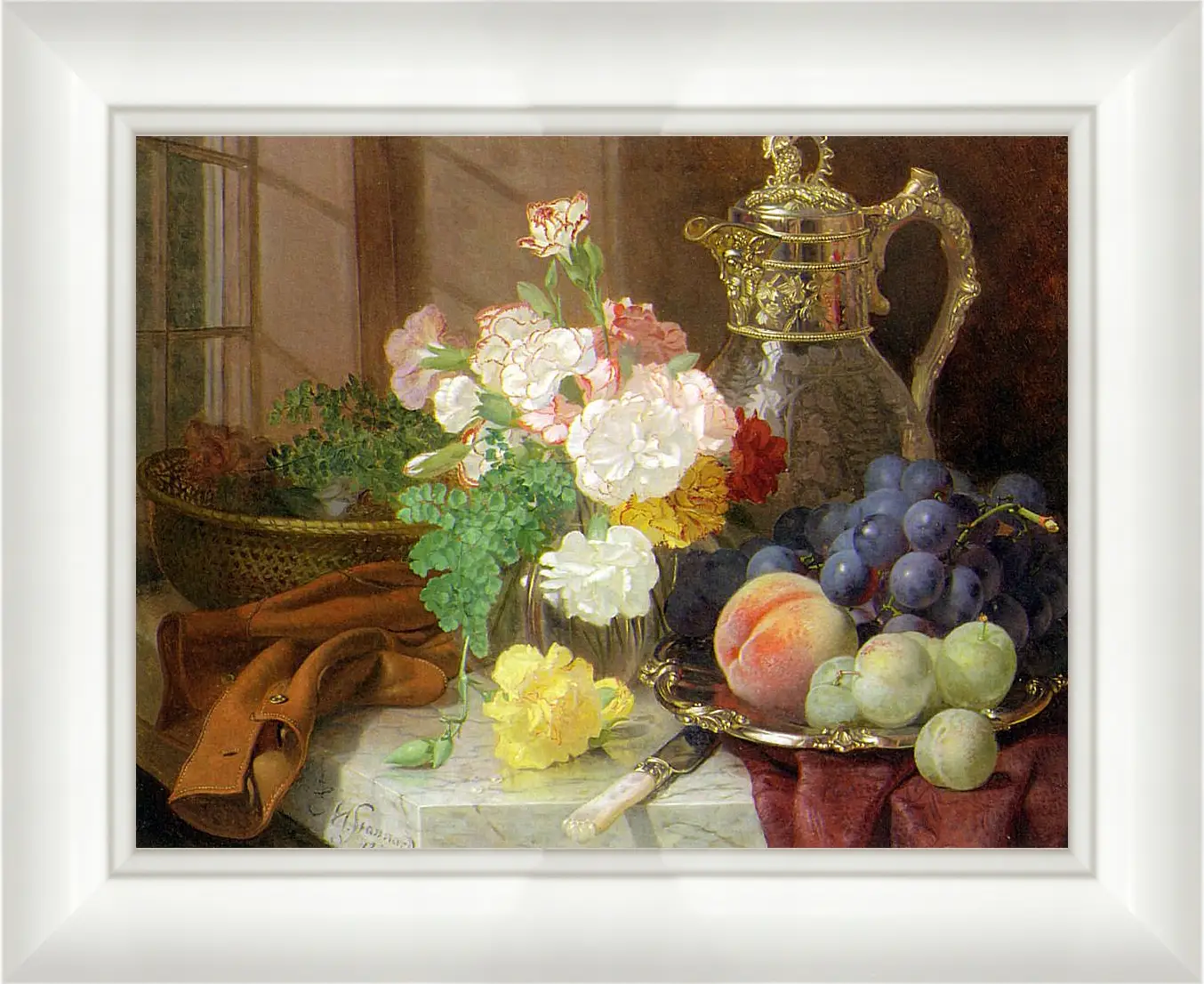 Картина в раме - Carnations in a glass vase on a draped marble ledge. Стэннард Элоиза Гарриет