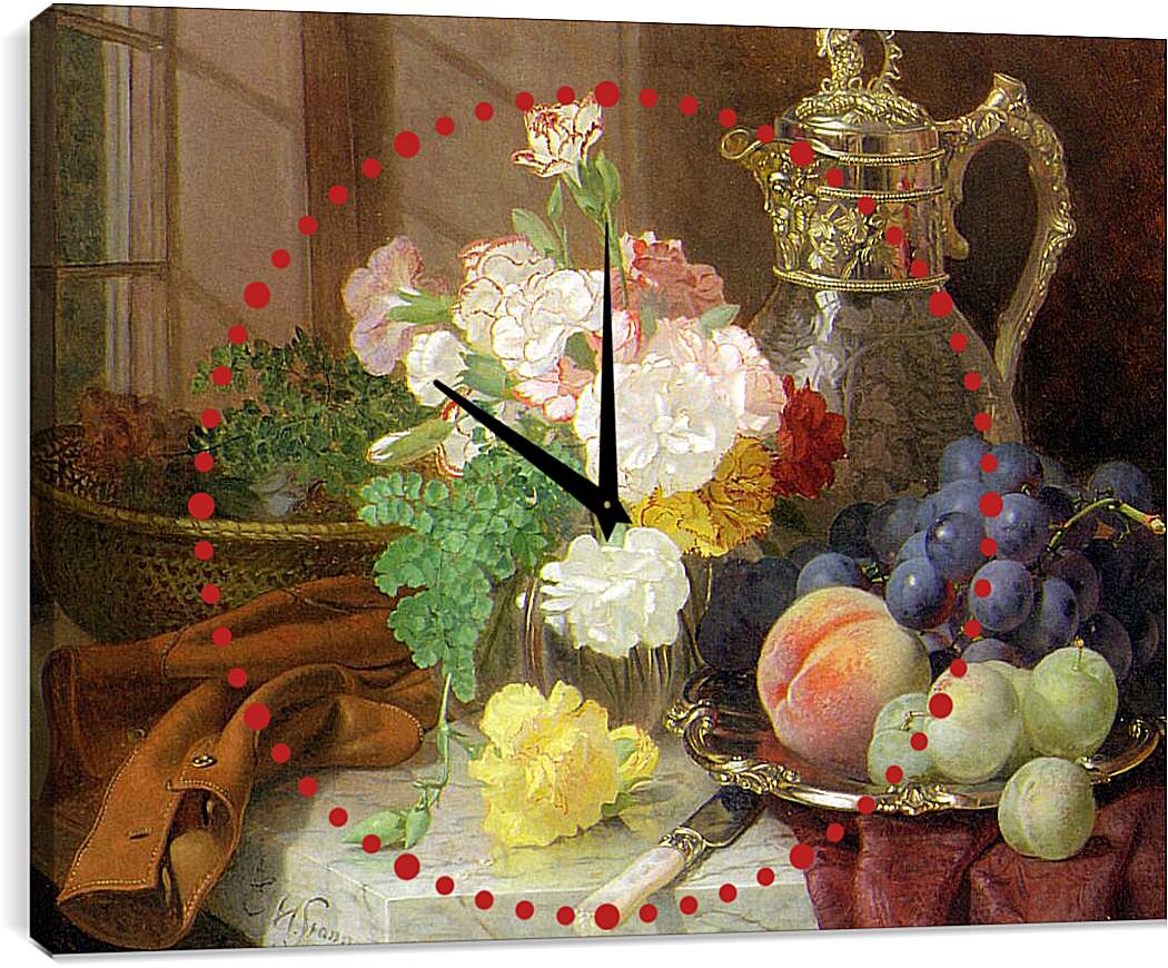 Часы картина - Carnations in a glass vase on a draped marble ledge. Стэннард Элоиза Гарриет