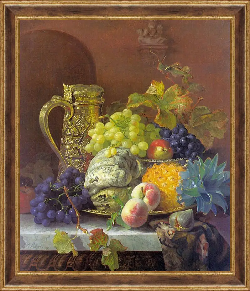 Картина в раме - Fruits on a tray with a silver flagon on a marble ledge. Стэннард Элоиза Гарриет