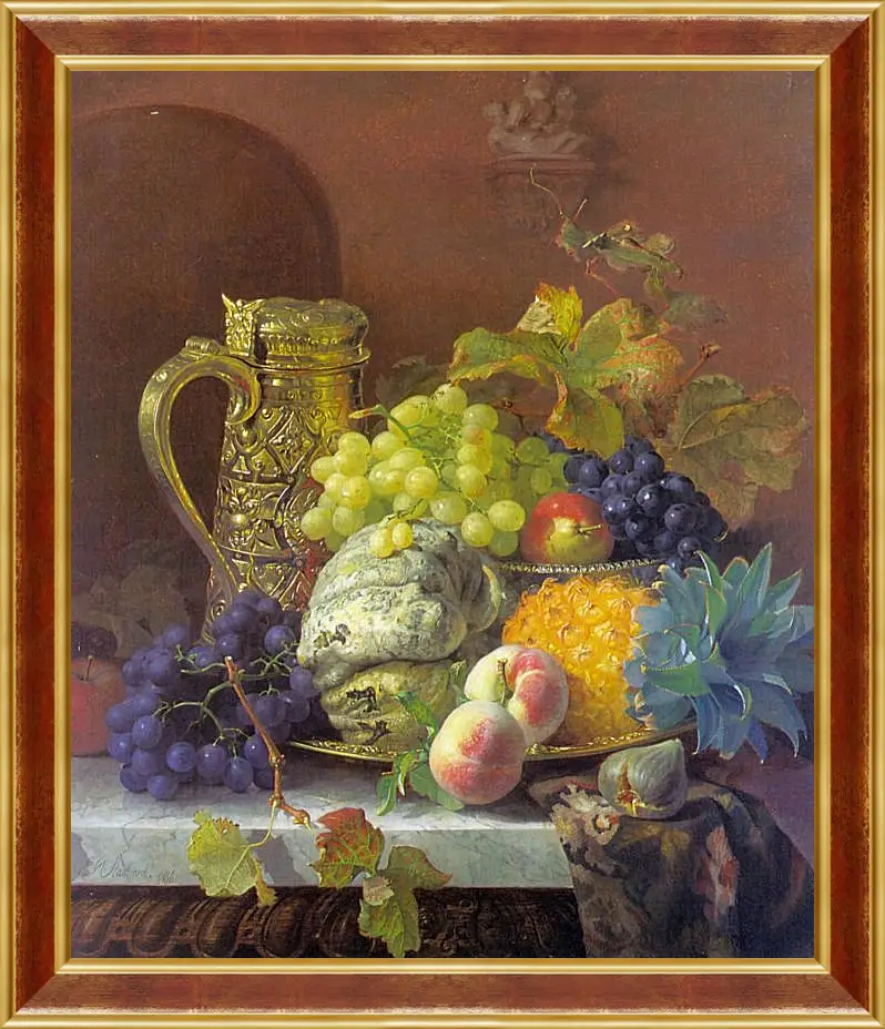 Картина в раме - Fruits on a tray with a silver flagon on a marble ledge. Стэннард Элоиза Гарриет