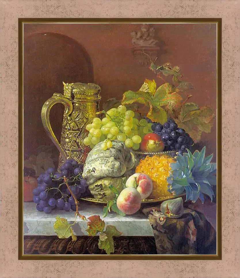 Картина в раме - Fruits on a tray with a silver flagon on a marble ledge. Стэннард Элоиза Гарриет