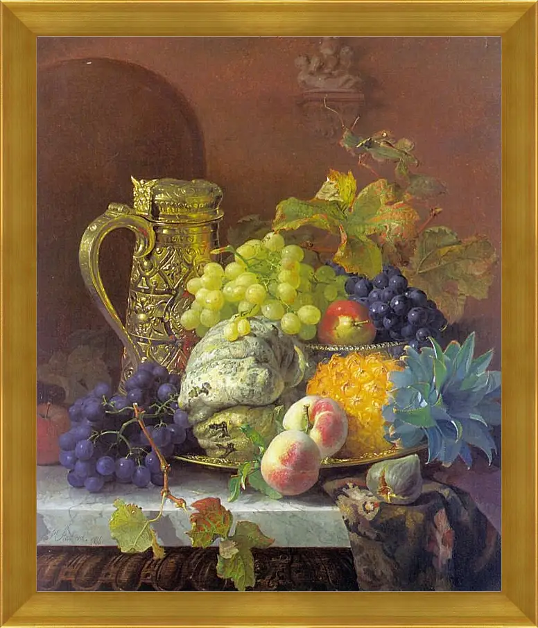 Картина в раме - Fruits on a tray with a silver flagon on a marble ledge. Стэннард Элоиза Гарриет