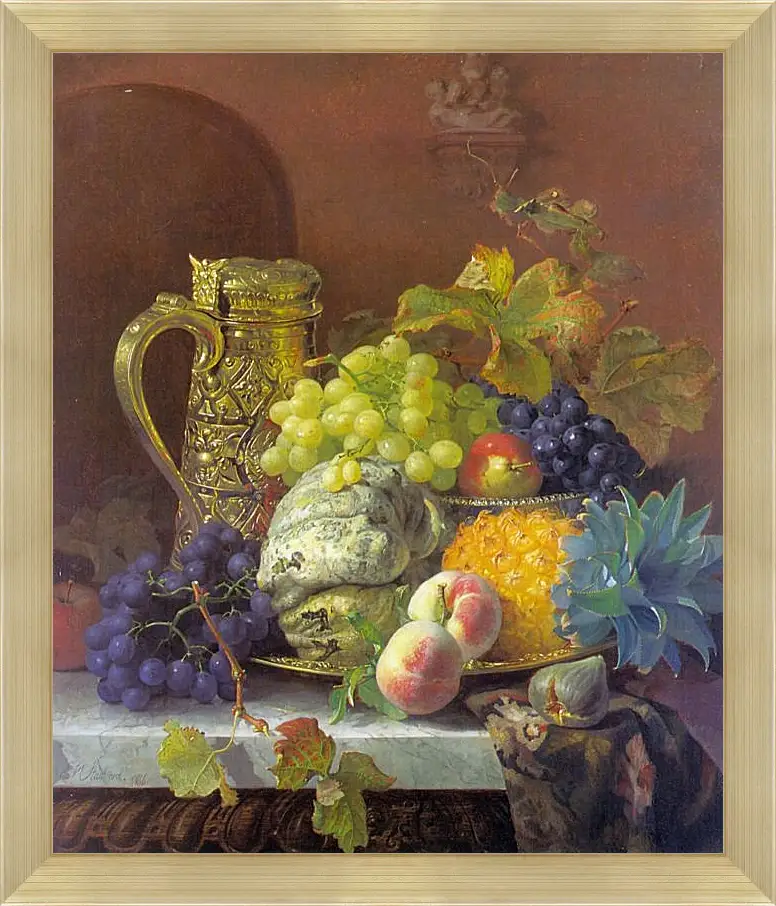 Картина в раме - Fruits on a tray with a silver flagon on a marble ledge. Стэннард Элоиза Гарриет