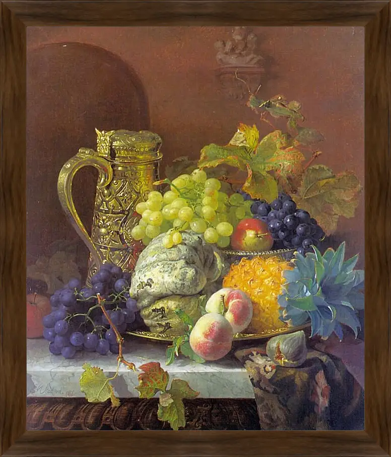 Картина в раме - Fruits on a tray with a silver flagon on a marble ledge. Стэннард Элоиза Гарриет