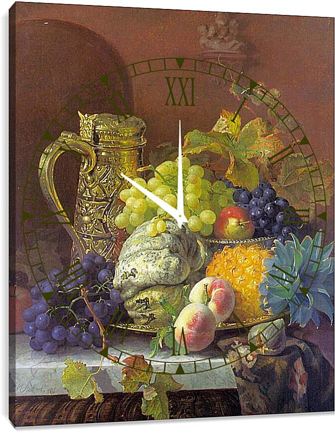 Часы картина - Fruits on a tray with a silver flagon on a marble ledge. Стэннард Элоиза Гарриет