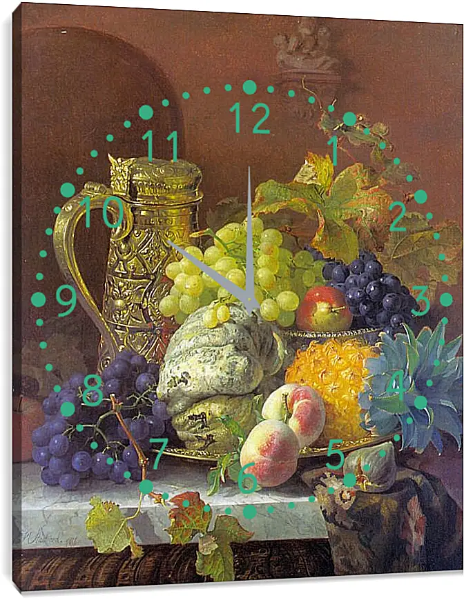 Часы картина - Fruits on a tray with a silver flagon on a marble ledge. Стэннард Элоиза Гарриет