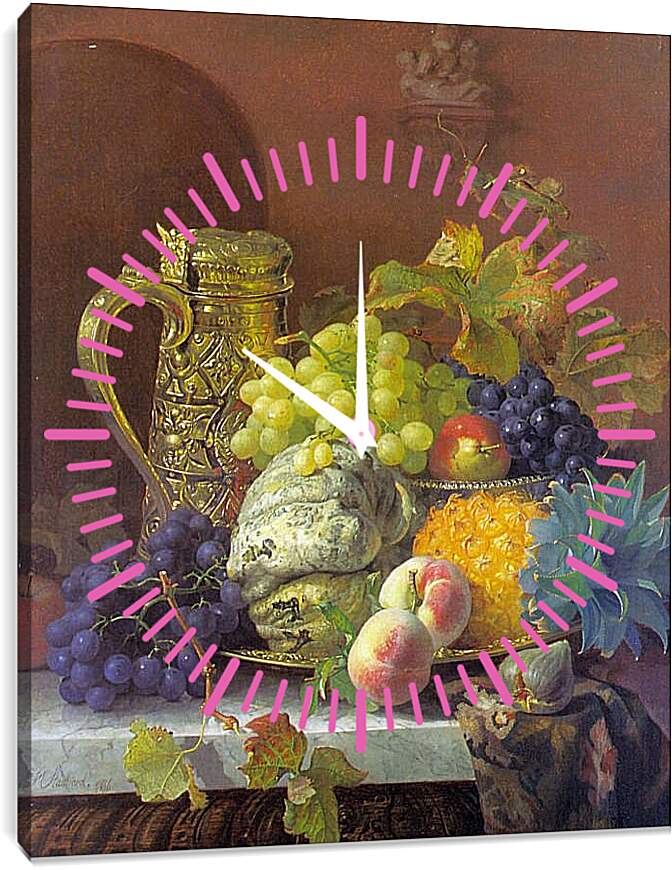 Часы картина - Fruits on a tray with a silver flagon on a marble ledge. Стэннард Элоиза Гарриет