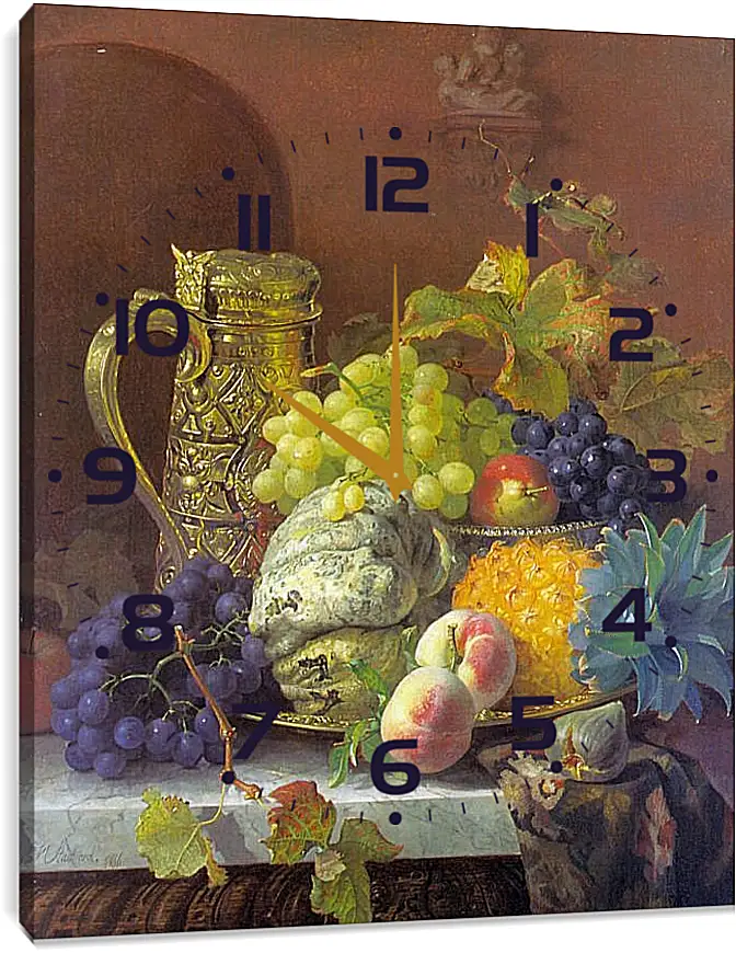 Часы картина - Fruits on a tray with a silver flagon on a marble ledge. Стэннард Элоиза Гарриет