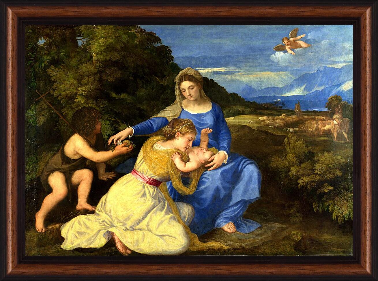 Картина в раме - Мадонна с младенцем, святым Иоанном Крестителем и святой Катериной. Тициан Вечеллио

