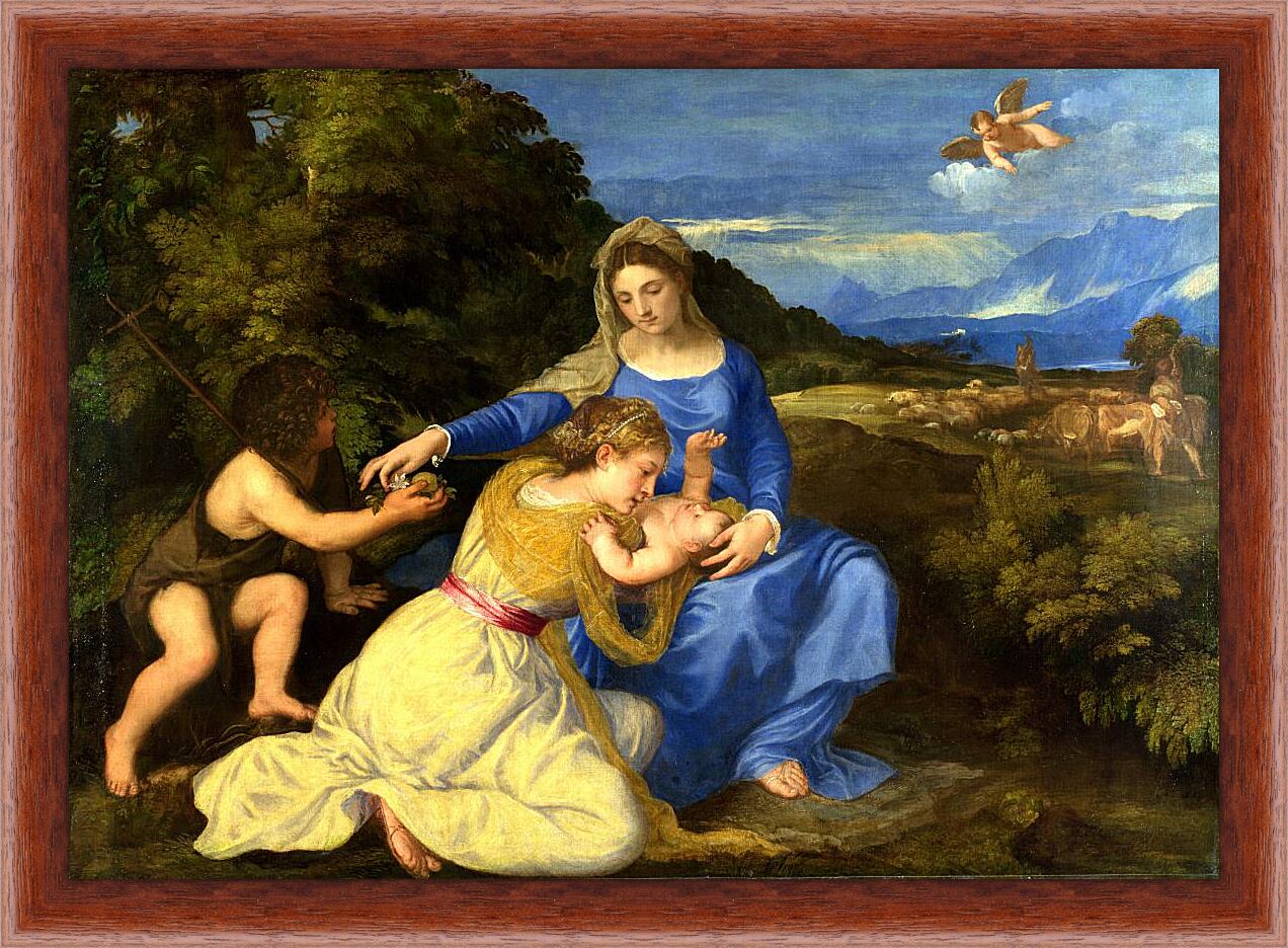 Картина в раме - Мадонна с младенцем, святым Иоанном Крестителем и святой Катериной. Тициан Вечеллио
