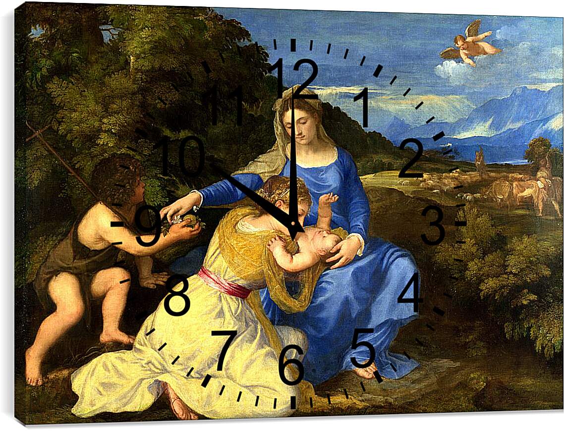 Часы картина - Мадонна с младенцем, святым Иоанном Крестителем и святой Катериной. Тициан Вечеллио
