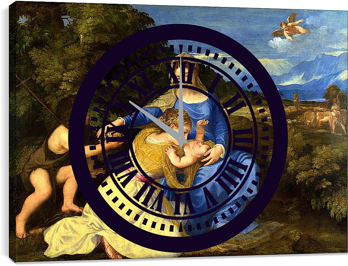 Часы картина - Мадонна с младенцем, святым Иоанном Крестителем и святой Катериной. Тициан Вечеллио
