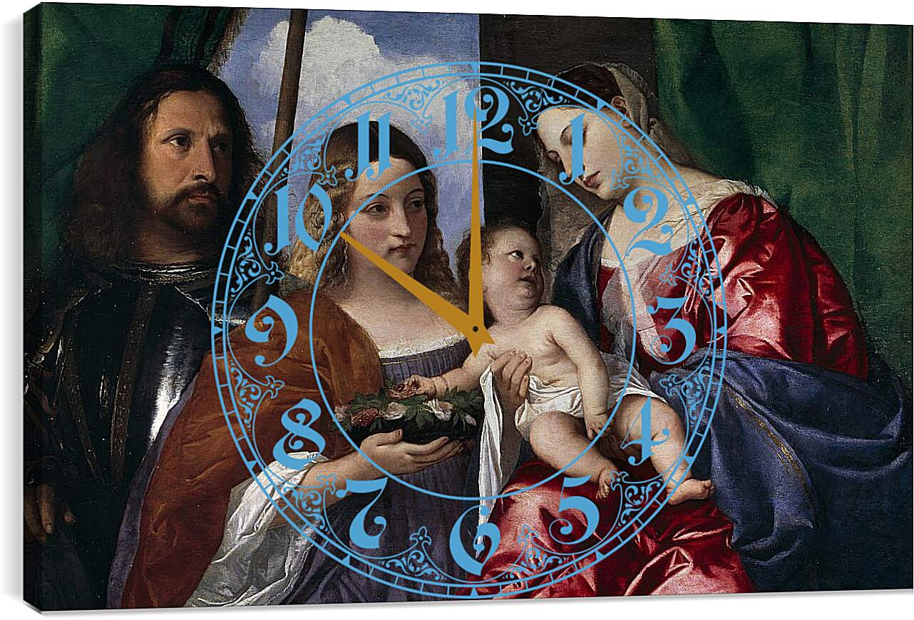 Часы картина - Мадонна с младенцем и святыми Георгием и Доротеей. Тициан Вечеллио
