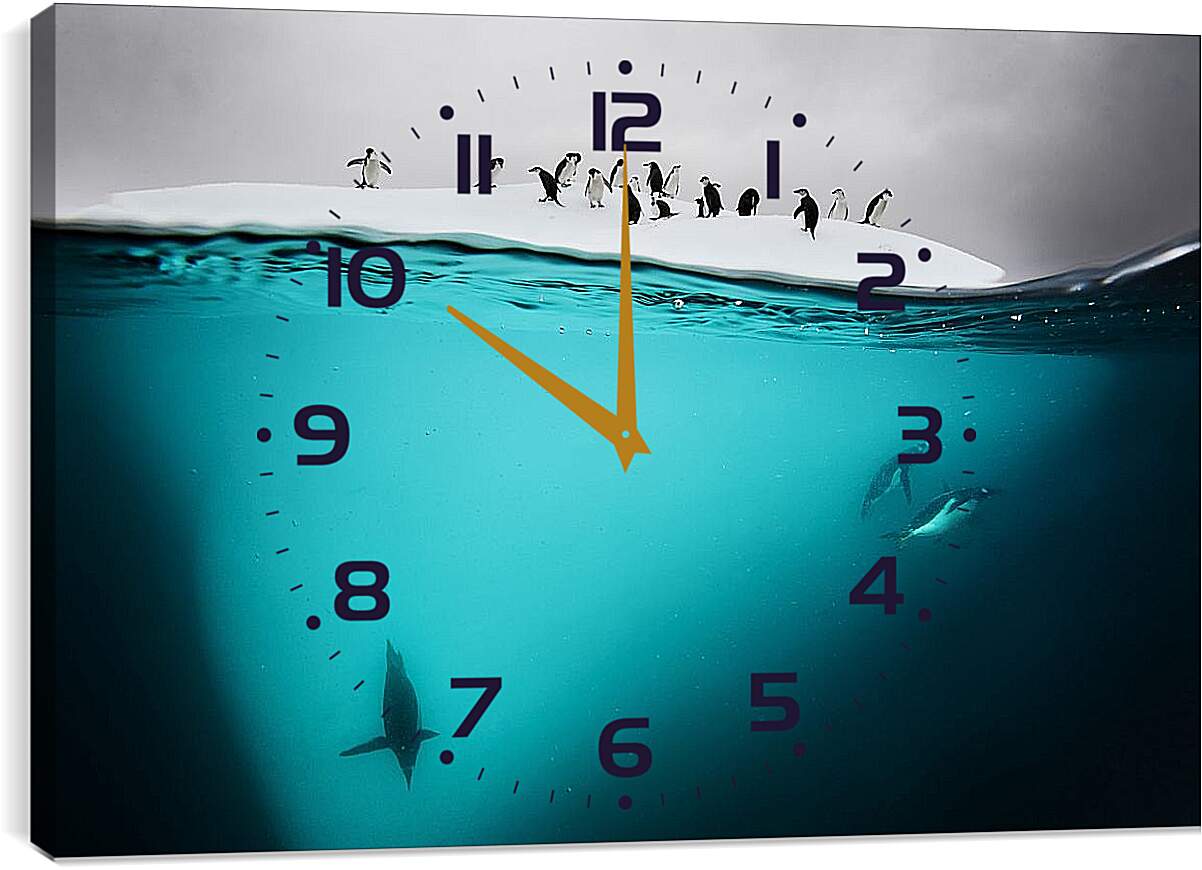 Часы картина - Пингвины под водой