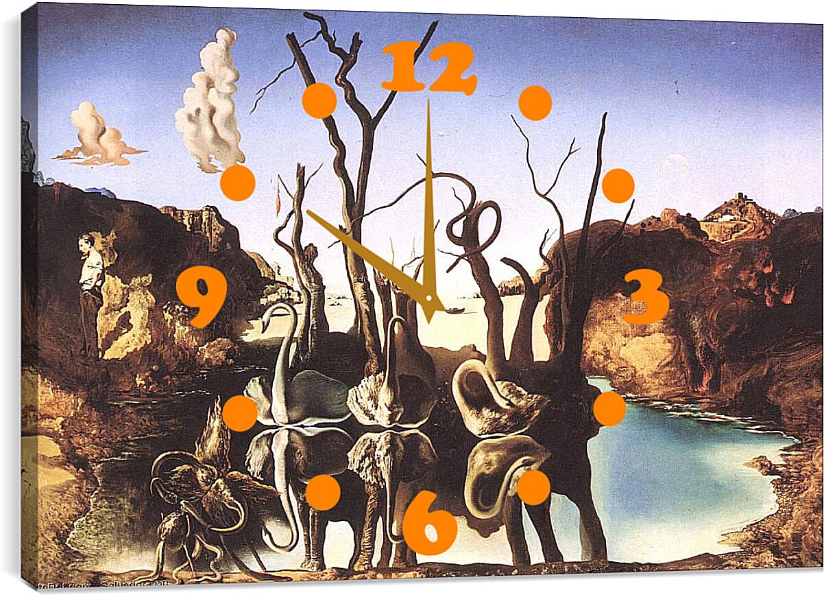 Часы картина - Лебеди, отражающиеся в слонах. Сальвадор Дали