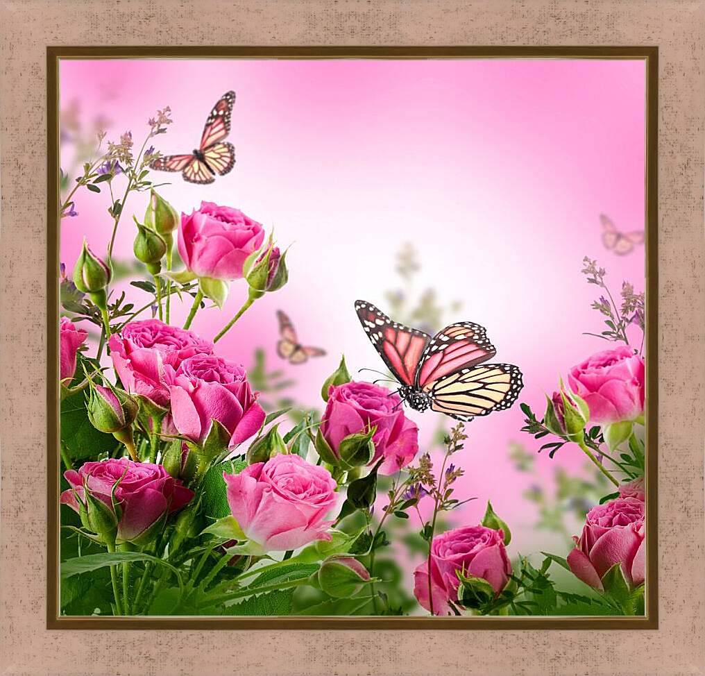 Картина в раме - Бабочки и розы