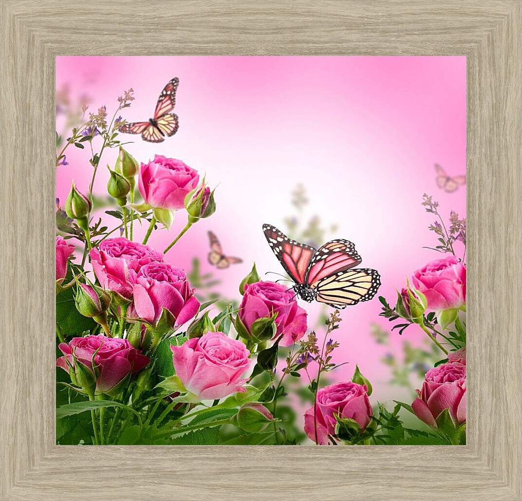 Картина в раме - Бабочки и розы