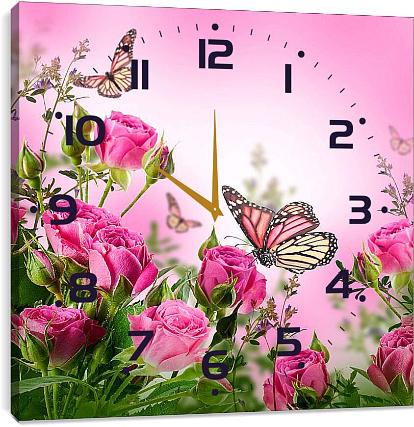 Часы картина - Бабочки и розы