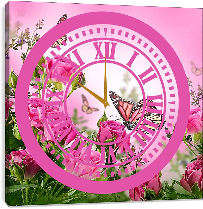 Часы картина - Бабочки и розы
