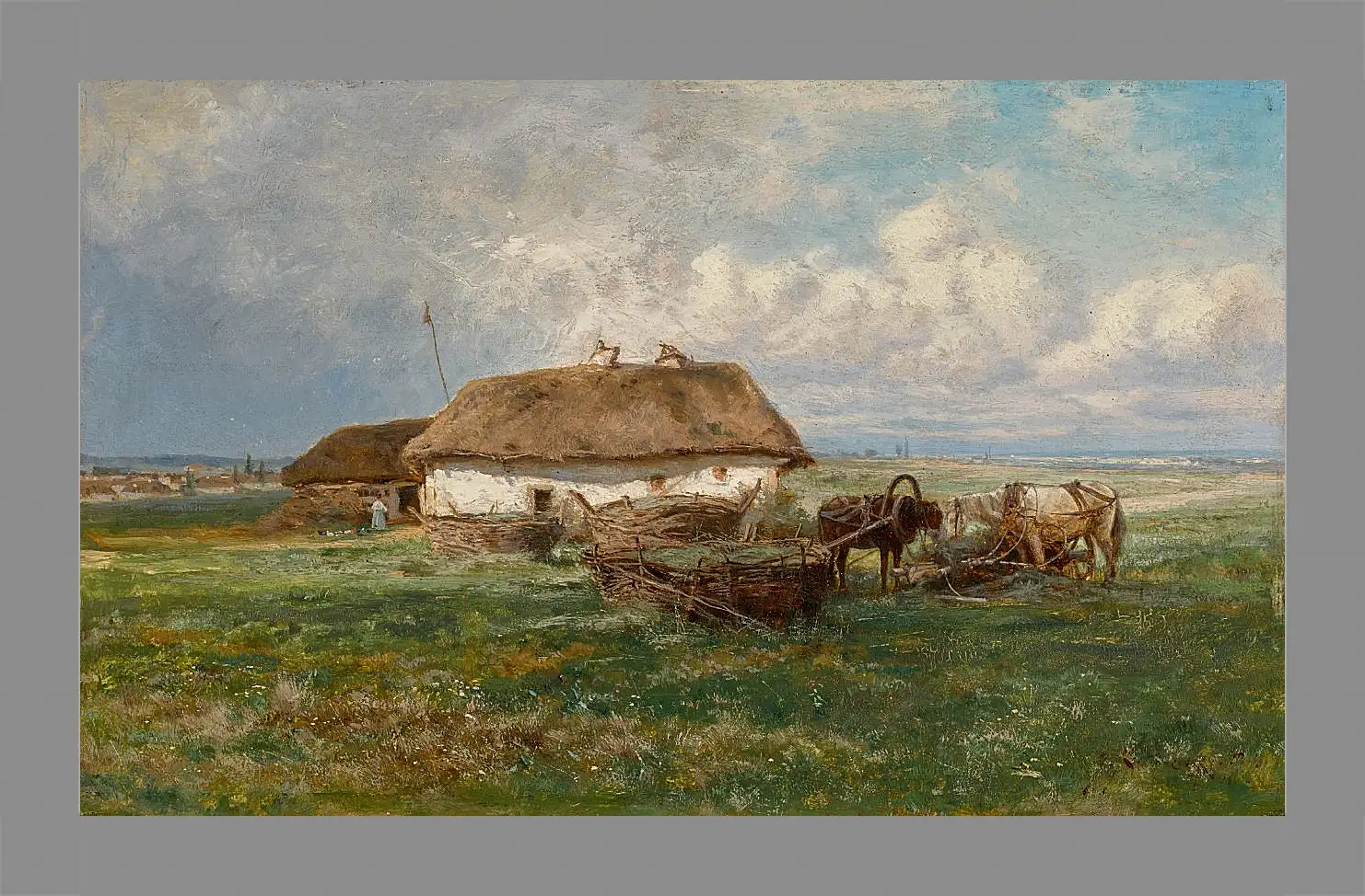 Картина в раме - Усадьба с лошадьми. Иосиф Евстафиевич Крачковский