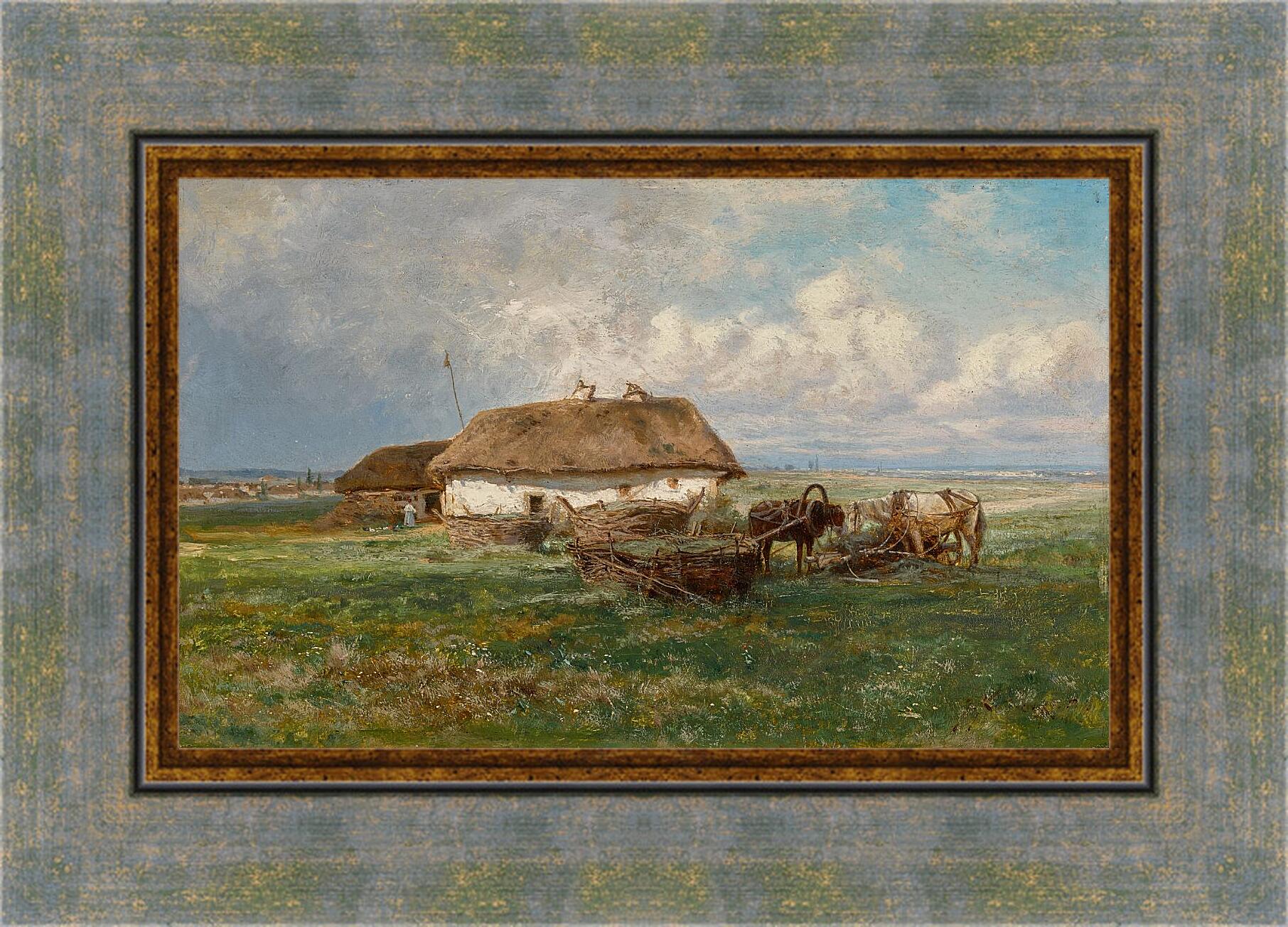 Картина в раме - Усадьба с лошадьми. Иосиф Евстафиевич Крачковский