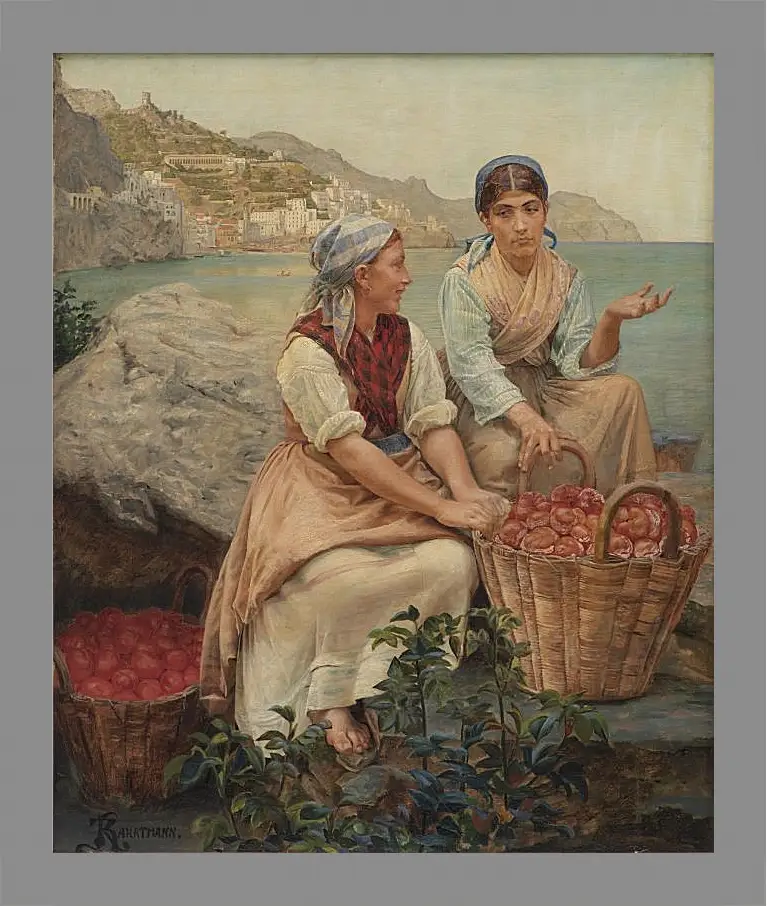 Картина в раме - Italienske piger med tomater i kurve. Педер Хенрик Кристиан Сартман