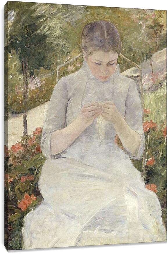 Постер и плакат - Молодая женщина за шитьём в саду. Кэссетт (Кассатт) Мэри Стивенсон