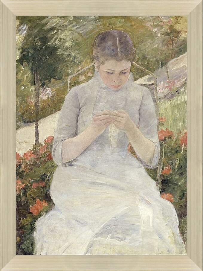 Картина в раме - Молодая женщина за шитьём в саду. Кэссетт (Кассатт) Мэри Стивенсон