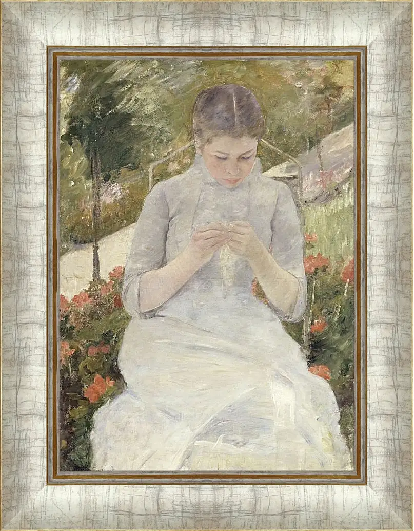 Картина в раме - Молодая женщина за шитьём в саду. Кэссетт (Кассатт) Мэри Стивенсон