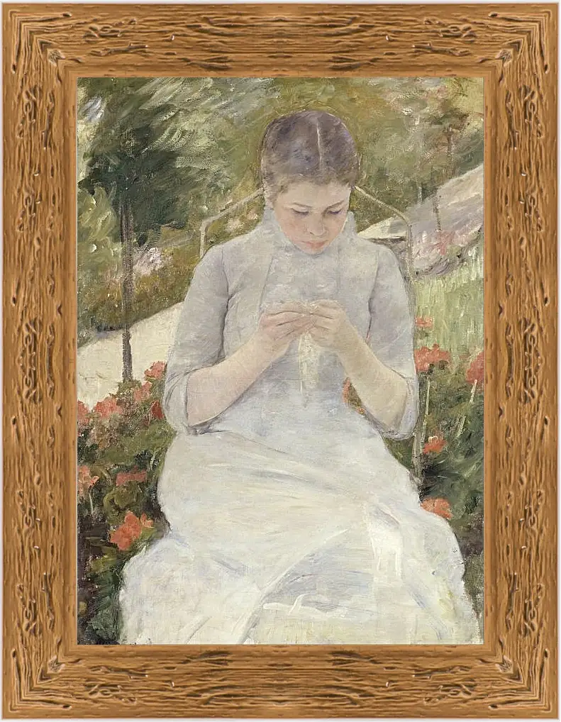 Картина в раме - Молодая женщина за шитьём в саду. Кэссетт (Кассатт) Мэри Стивенсон