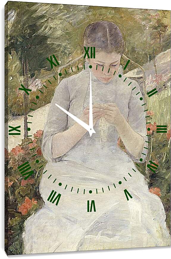 Часы картина - Молодая женщина за шитьём в саду. Кэссетт (Кассатт) Мэри Стивенсон