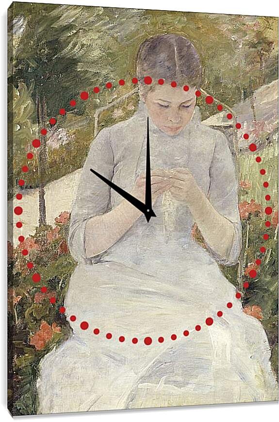 Часы картина - Молодая женщина за шитьём в саду. Кэссетт (Кассатт) Мэри Стивенсон