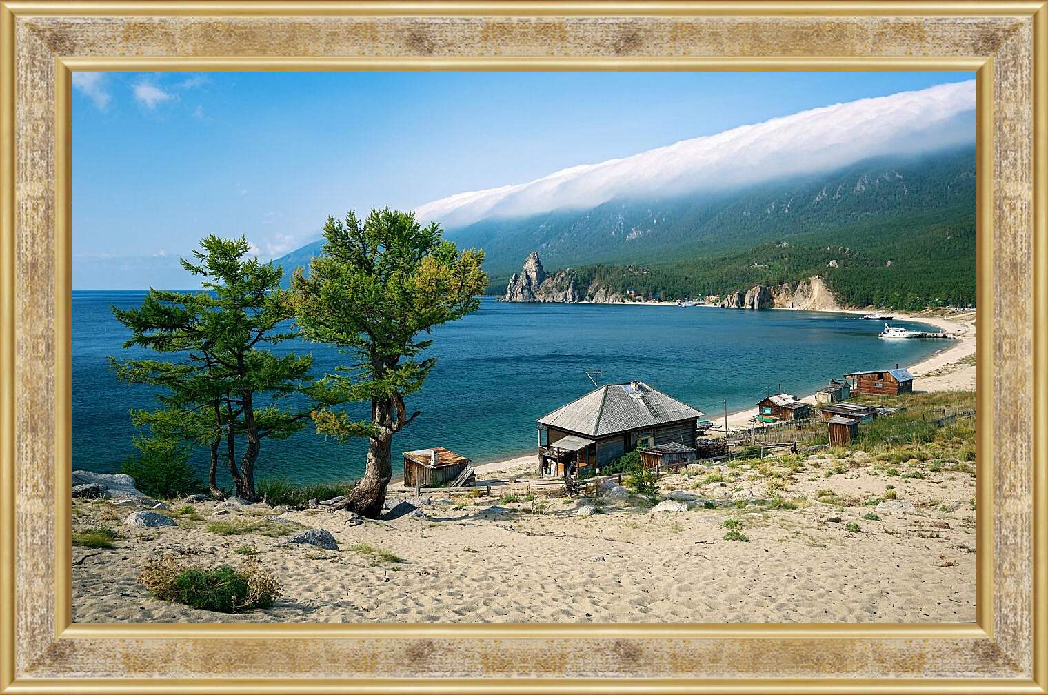 Картина в раме - Домик на берегу озера. Байкал